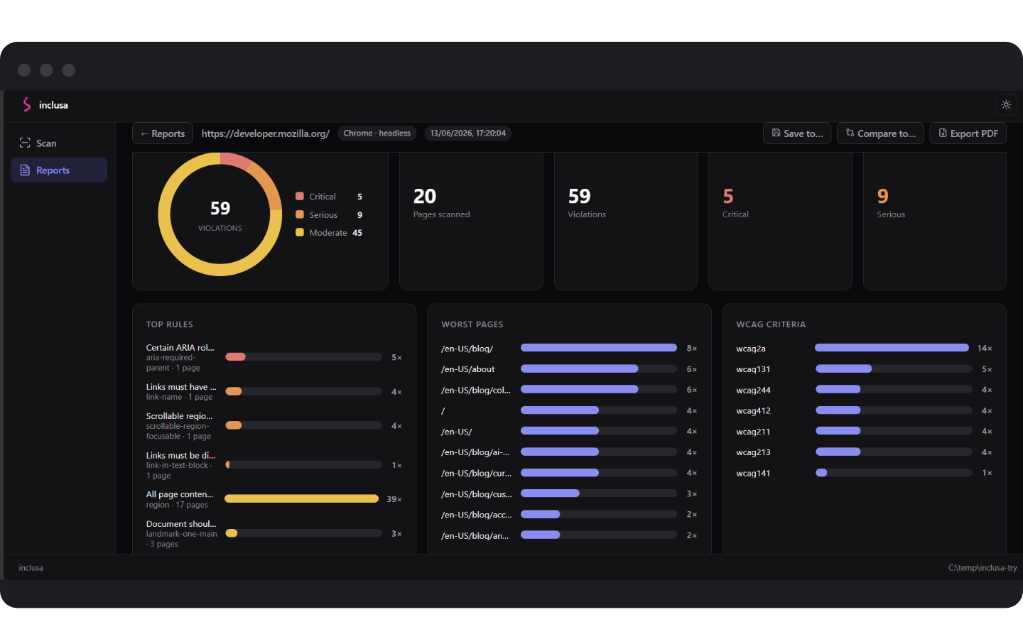 The Inclusa accessibility studio in dark mode