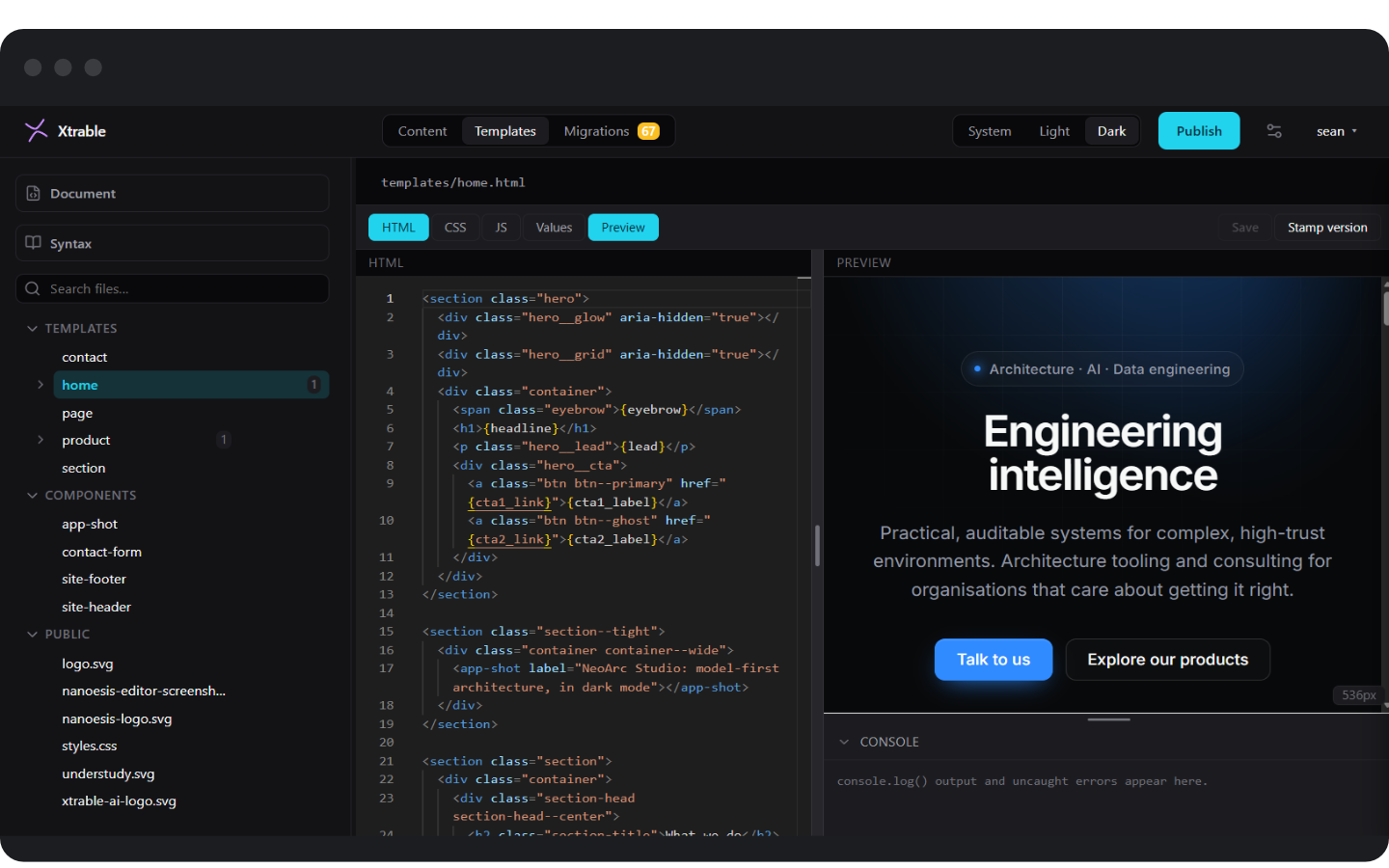 The Nanoesis editor in dark mode