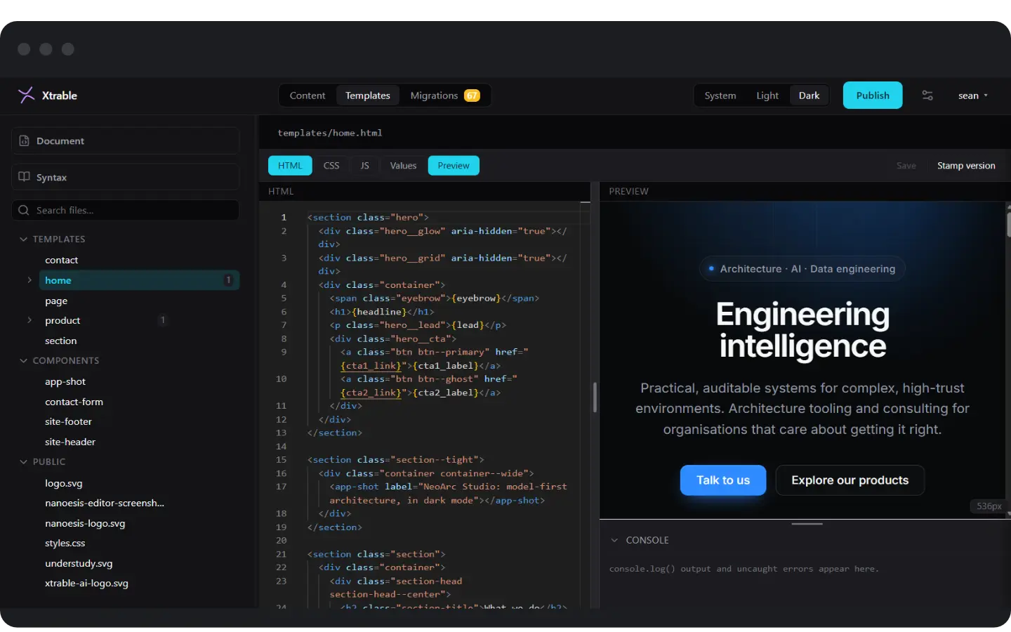The Nanoesis editor in dark mode
