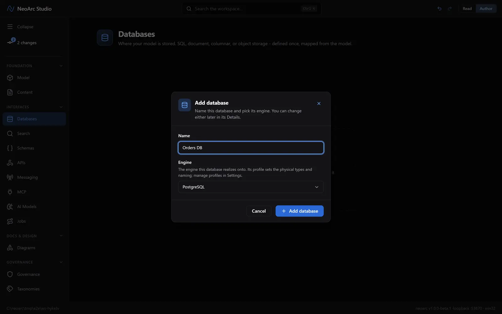 The add-database dialog with PostgreSQL chosen