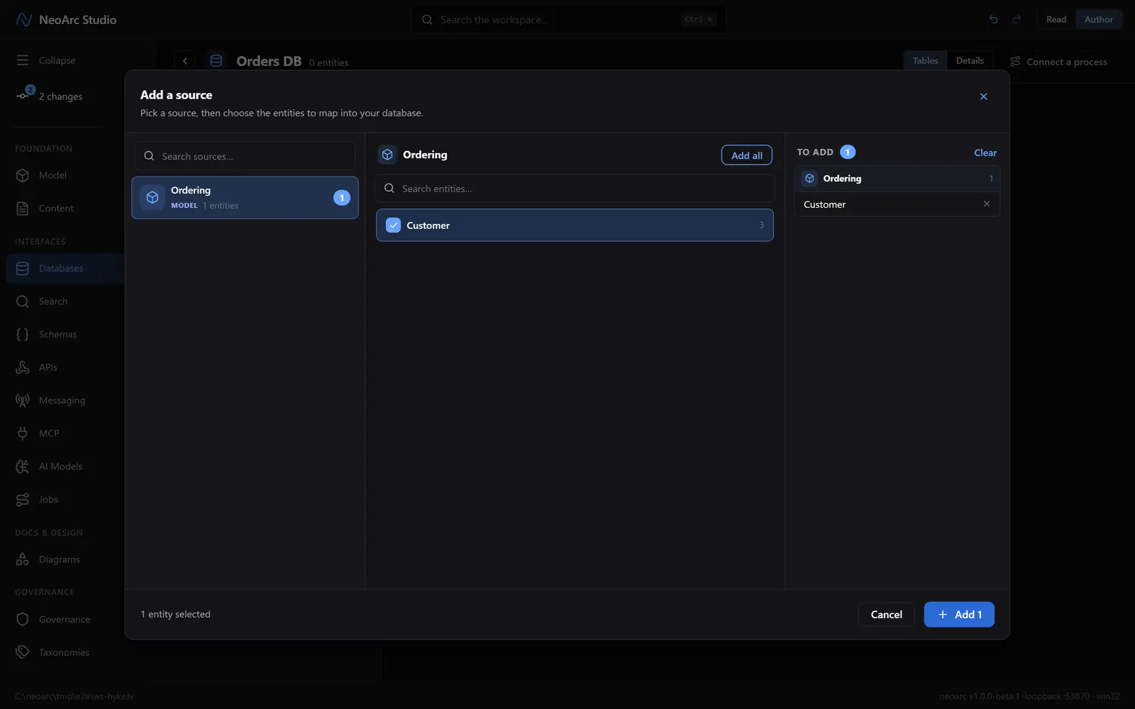 The source picker with the Customer entity queued to add