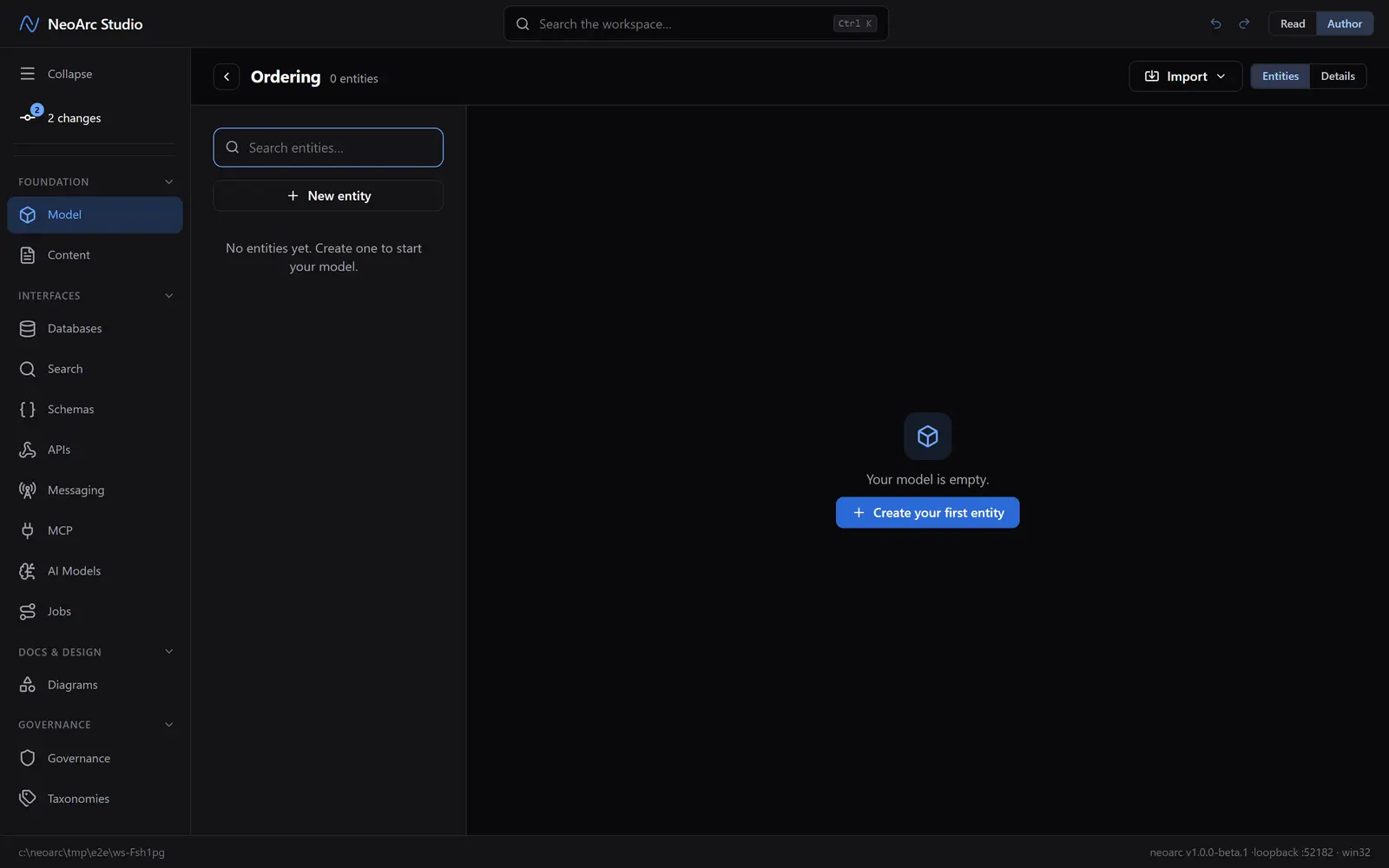 The empty model, with the button to create your first entity