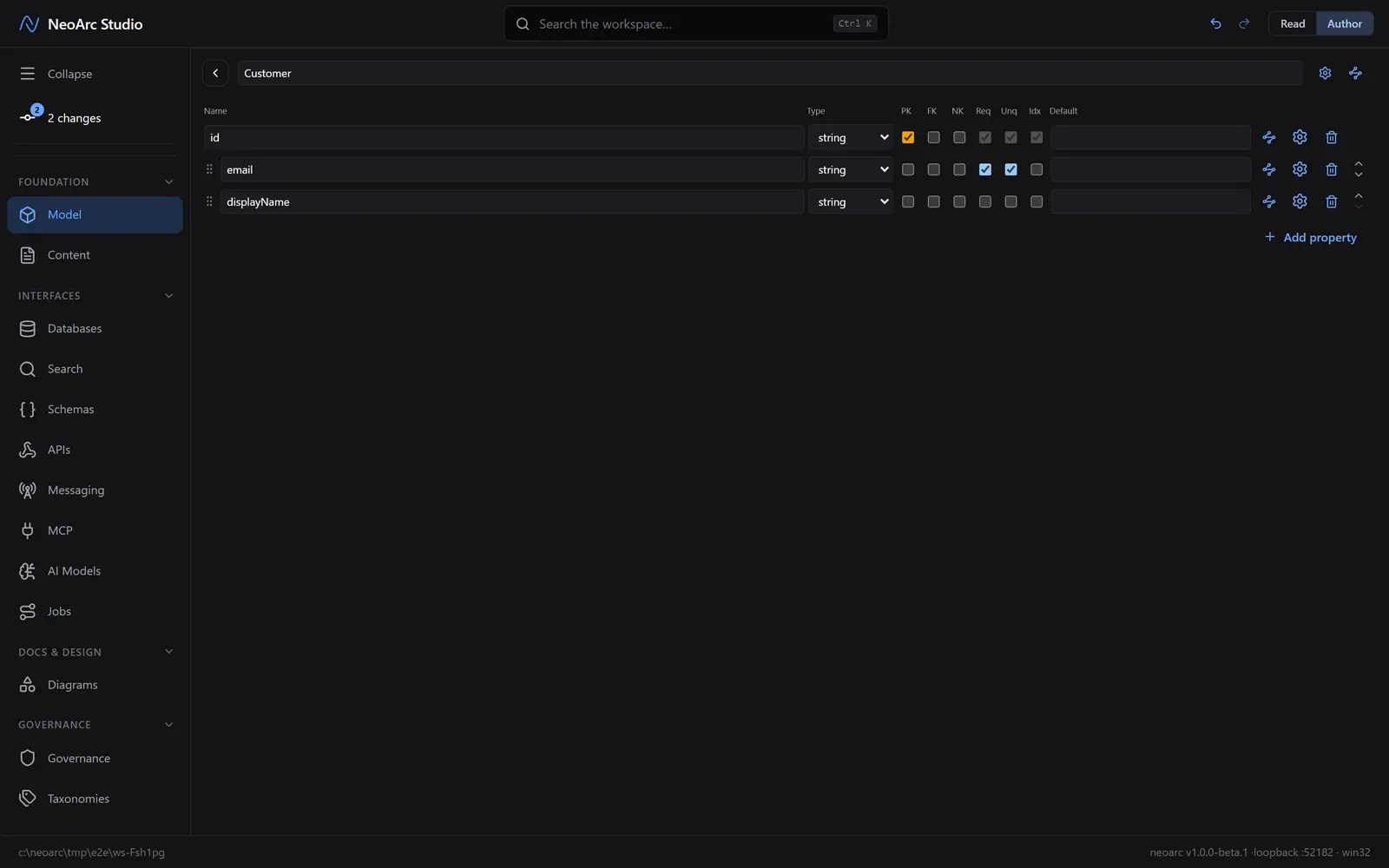 The Customer entity with three properties