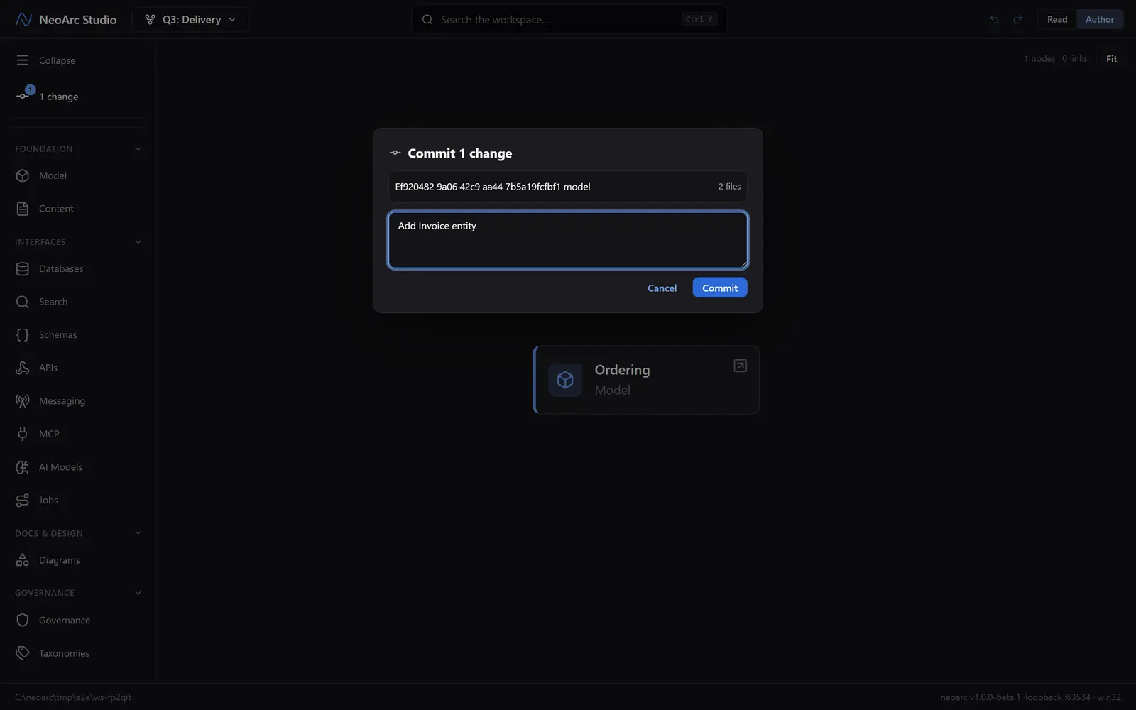 The commit dialog listing changes with a message box