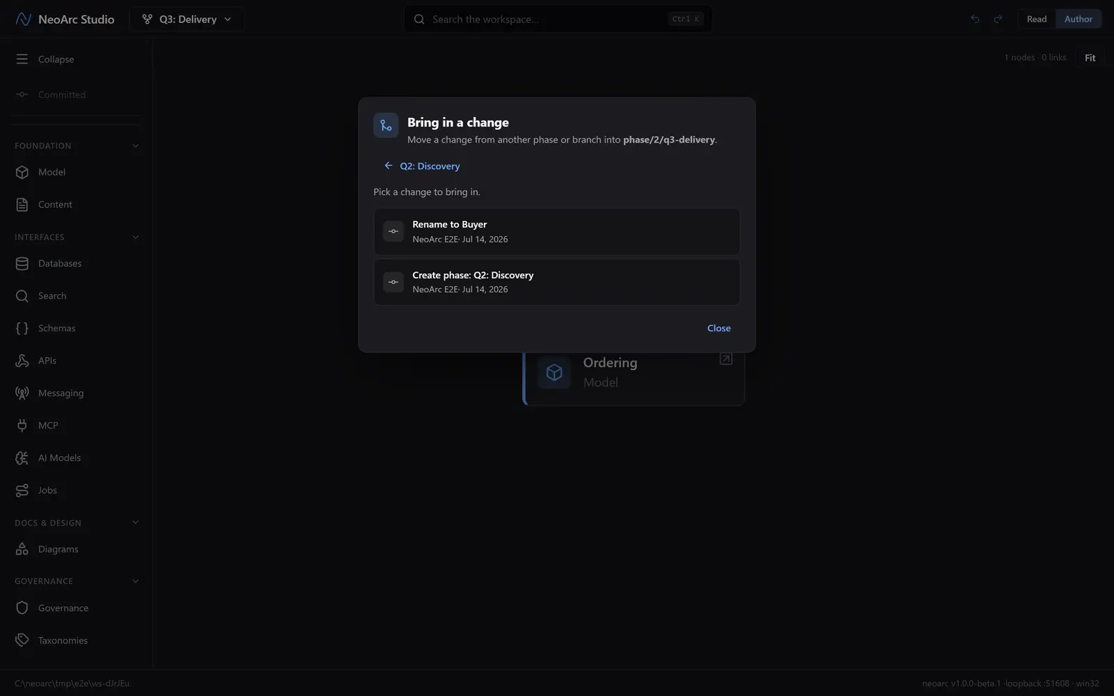 The bring-in dialog listing the source's changes