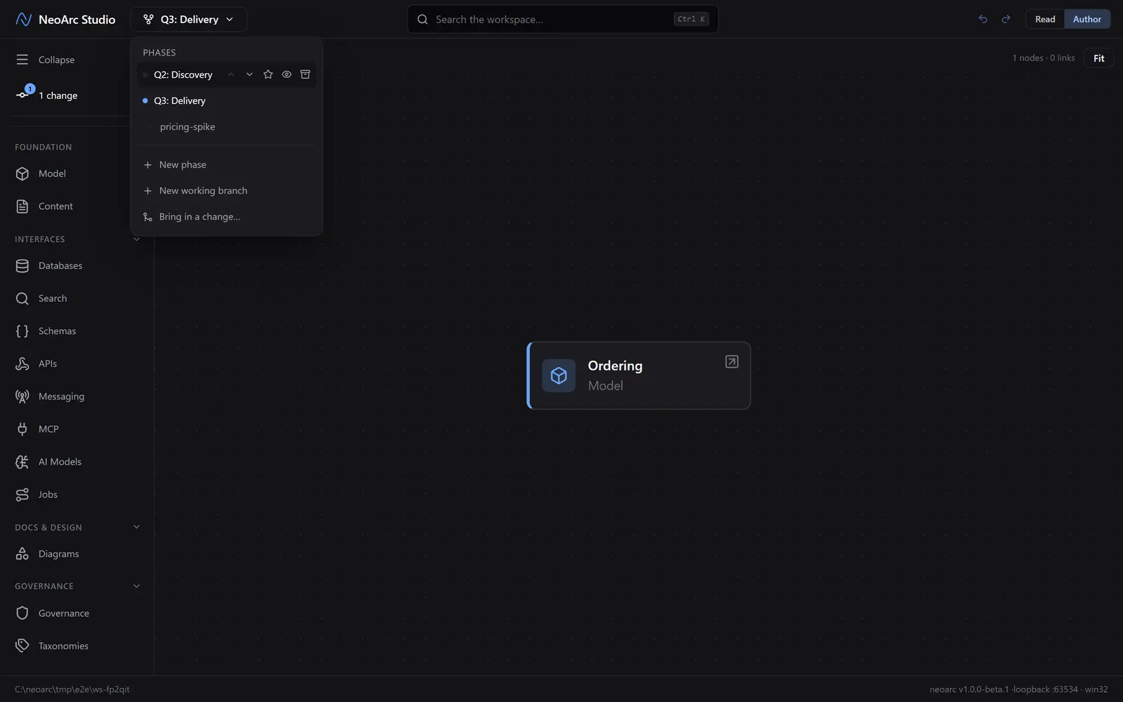 The phase switcher open, showing phases and the create actions