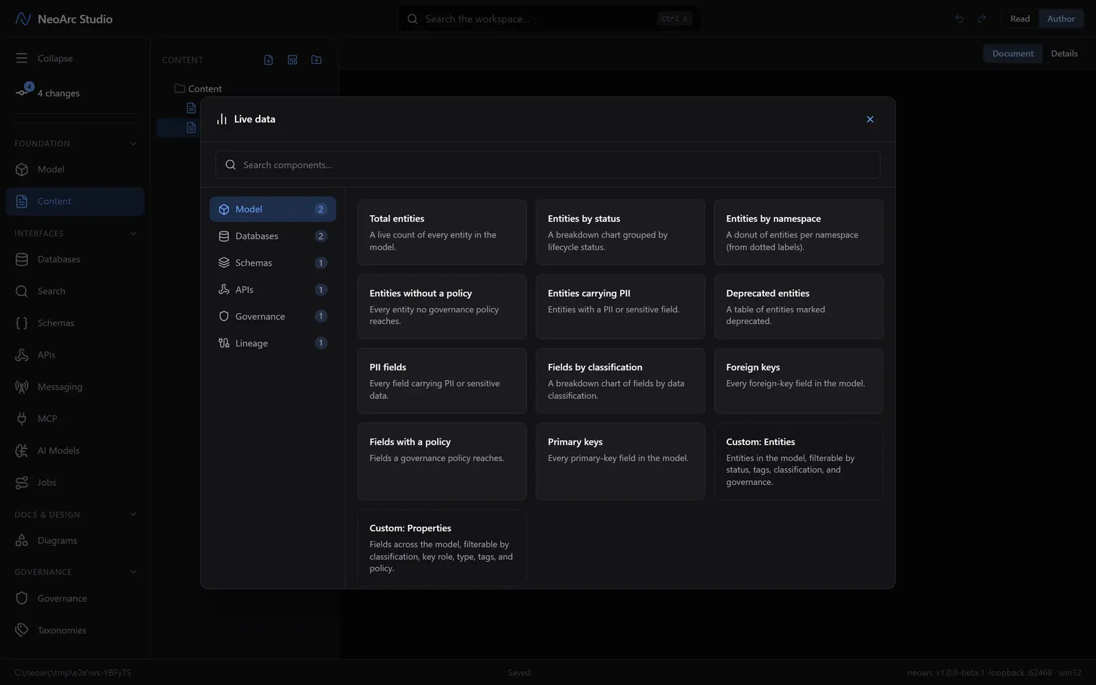 The live-data catalogue, tabbed by domain with preset components