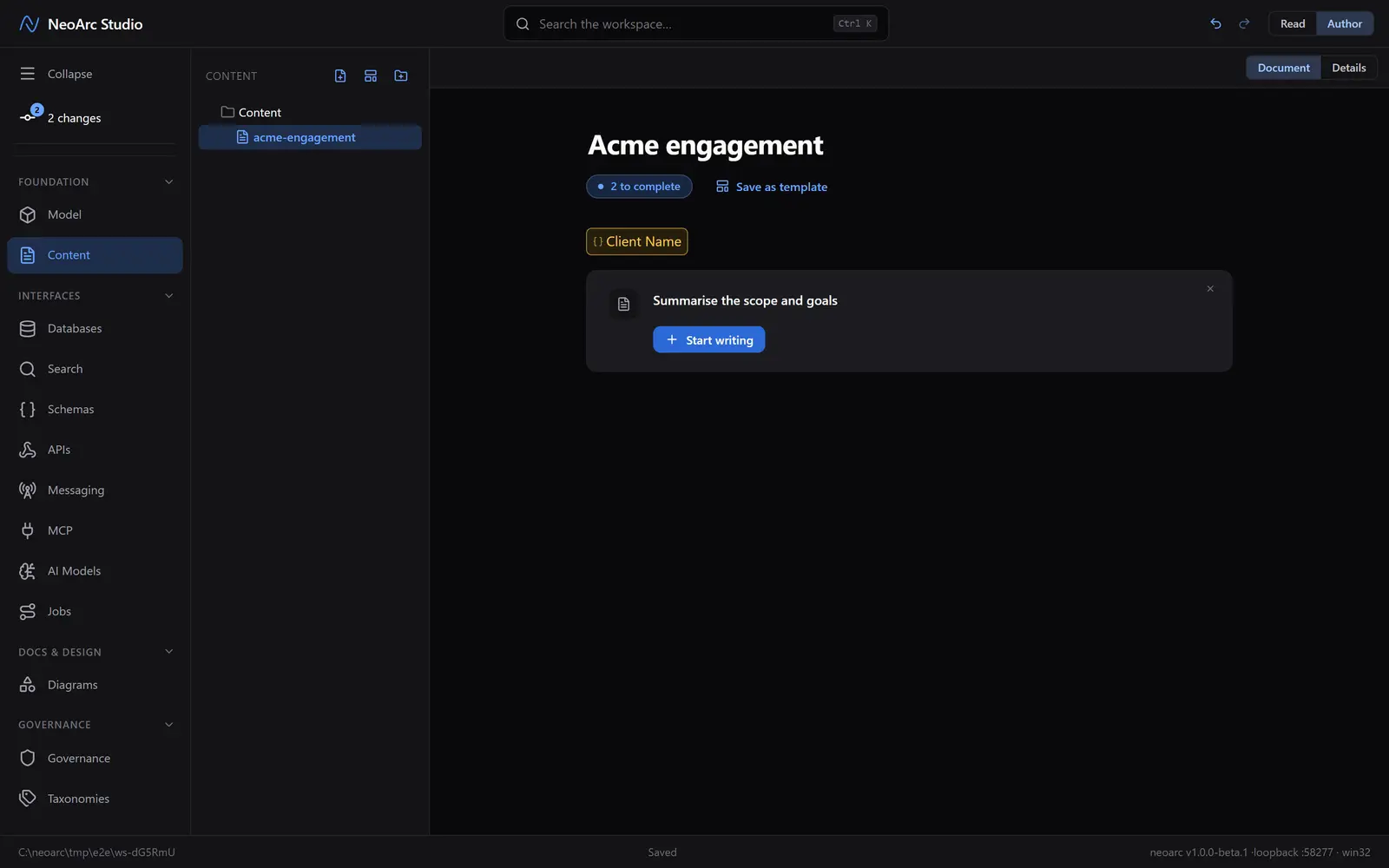 A page scaffolded from a template: guide callout, amber chip, and the completeness counter