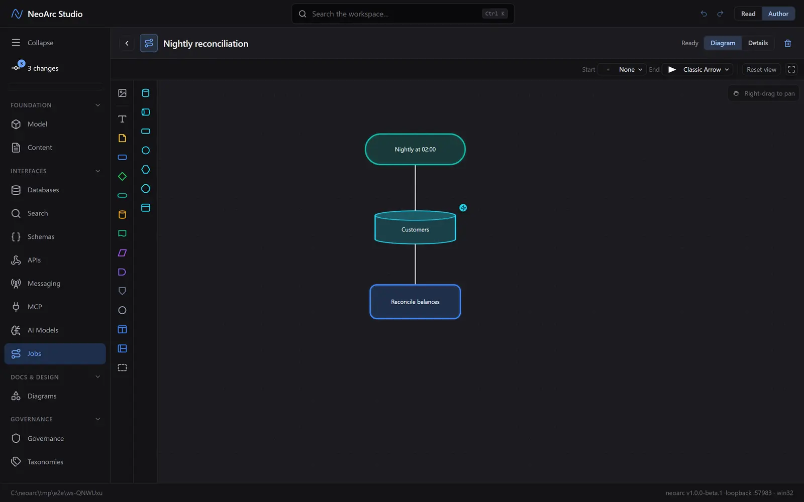 The process canvas: the binding palette and a bound database block in the flow