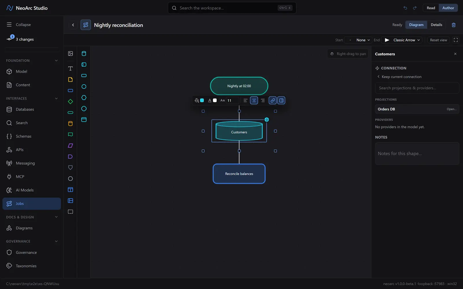 The shape inspector's Connection picker, offering the Orders DB projection