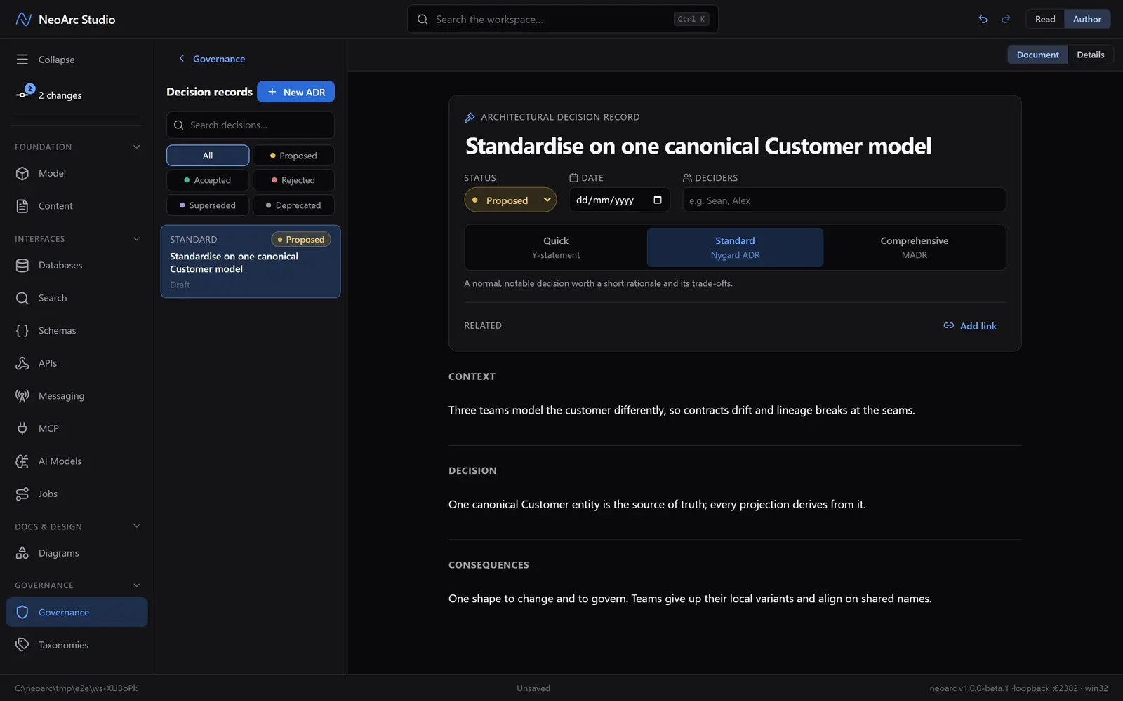 A decision record with its status, tier ladder, and sections