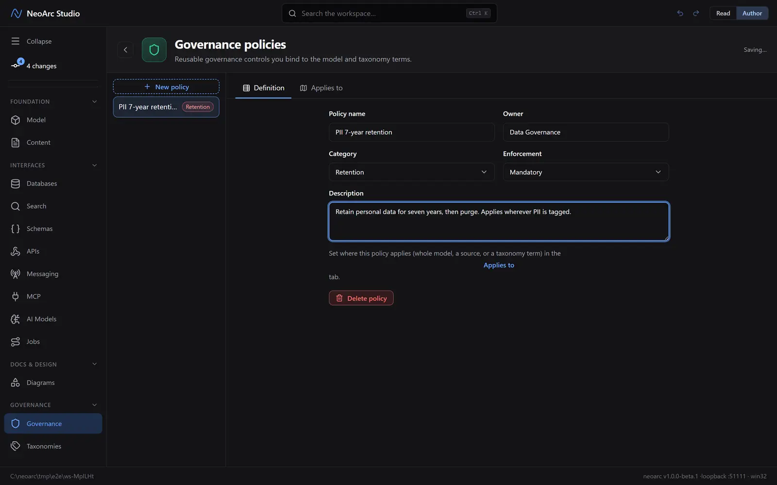 A policy's definition: name, owner, category, enforcement, description