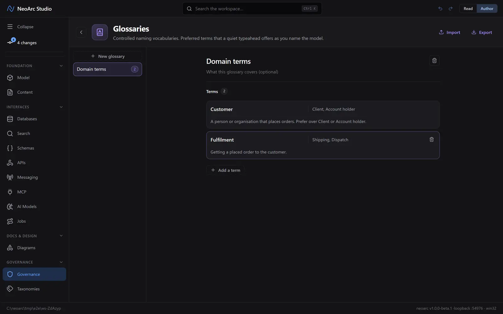 A glossary with two terms, each with aliases and a definition