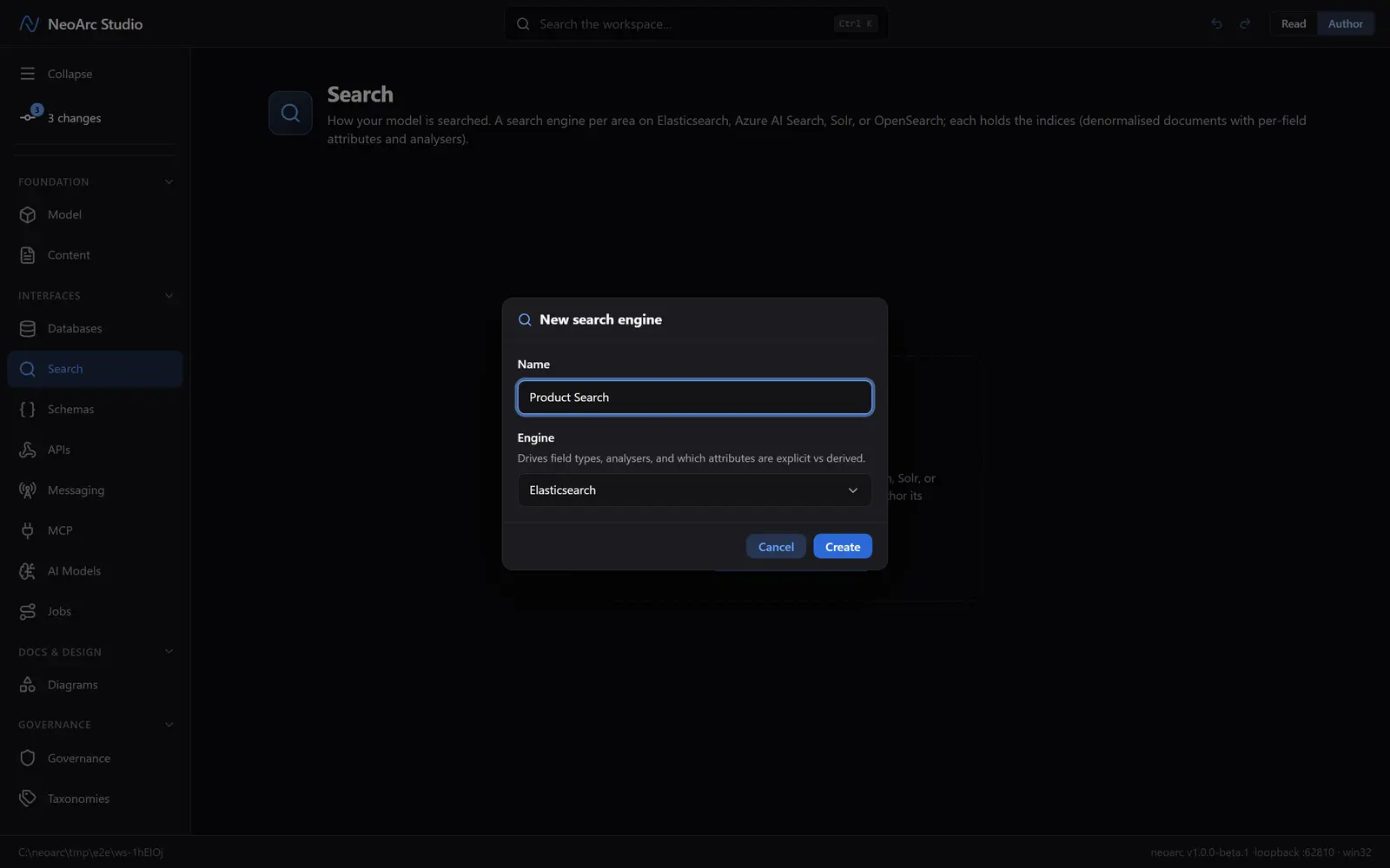 The new-search-engine dialog with Elasticsearch chosen