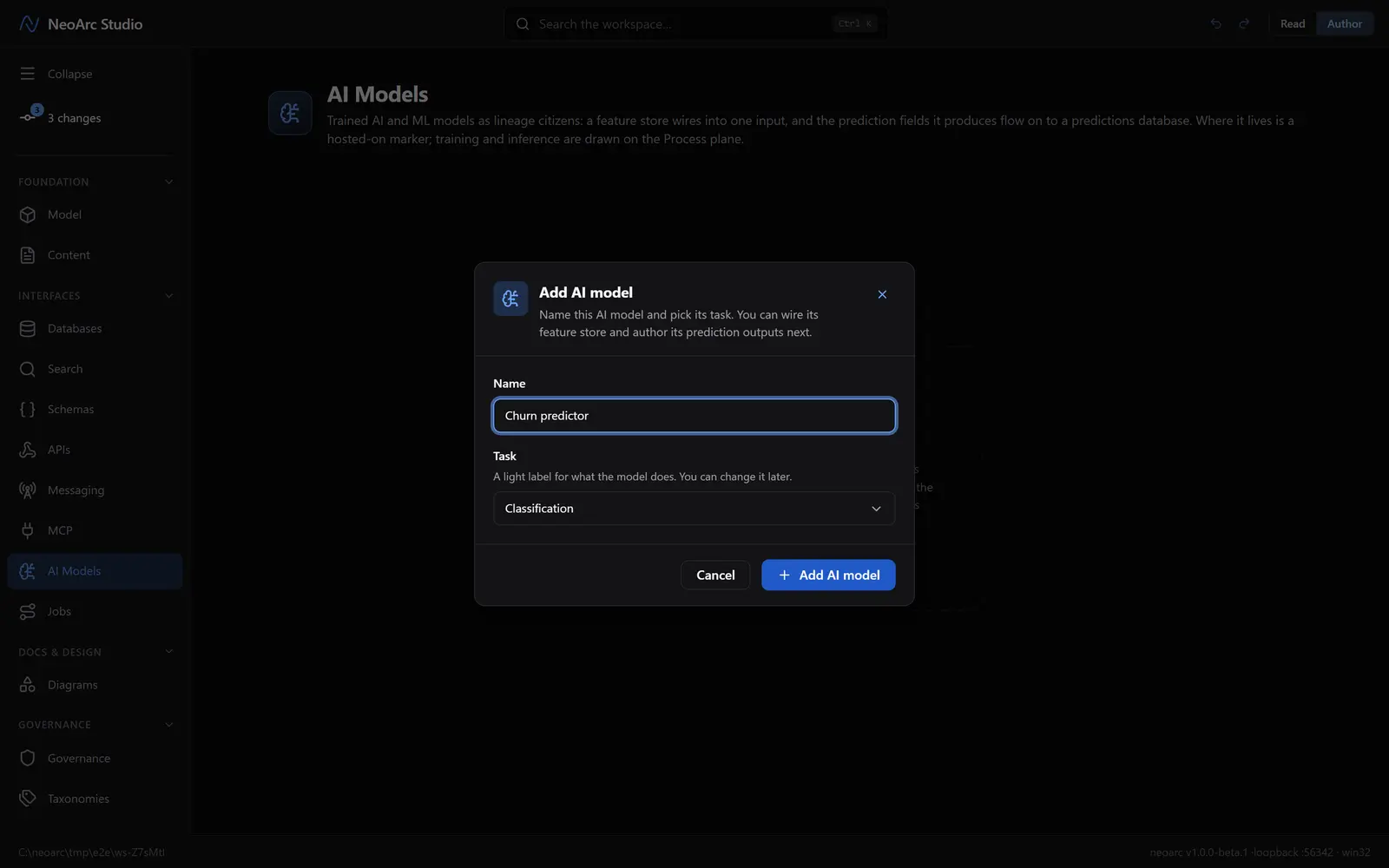The add-AI-model dialog with a name and task