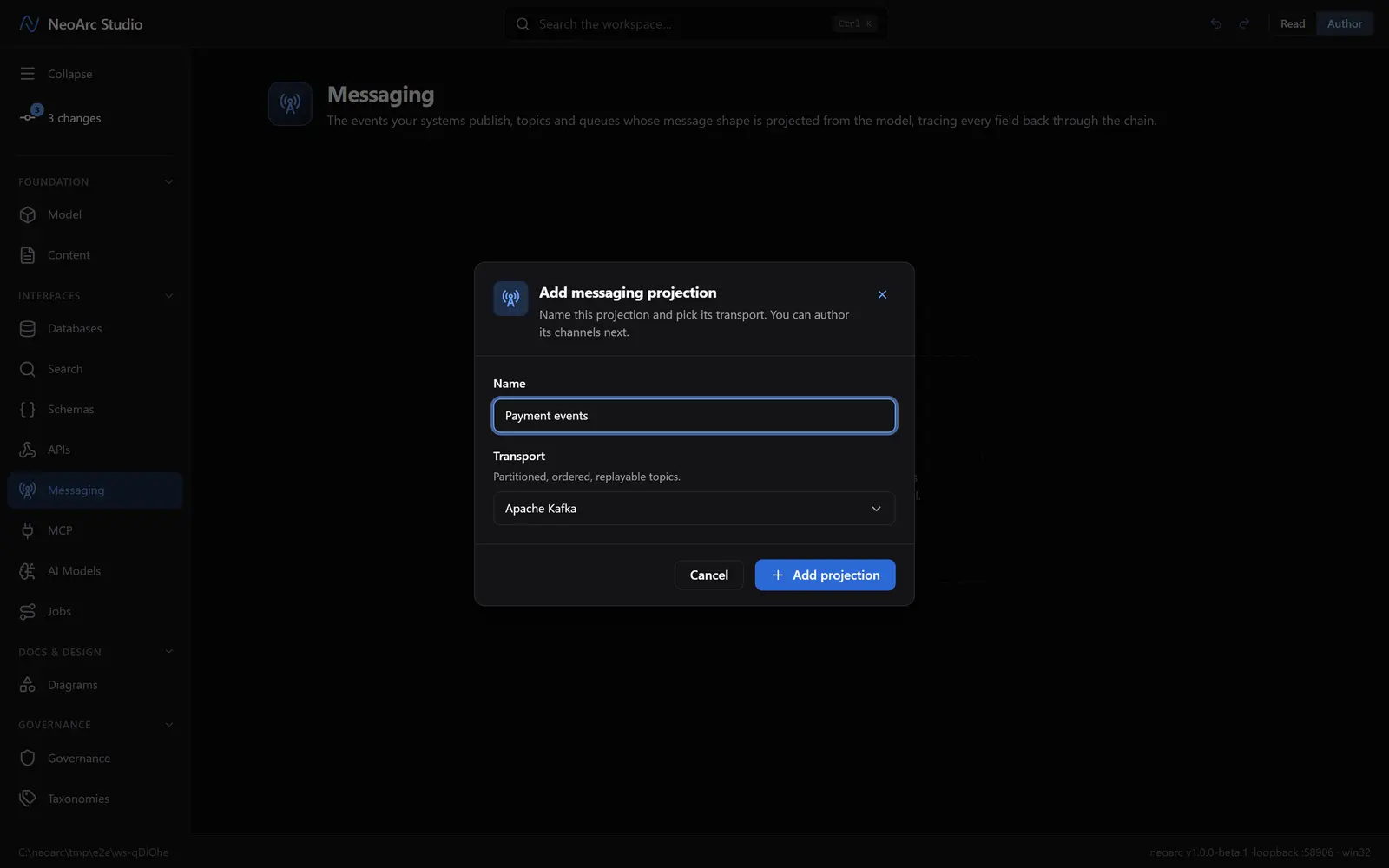 The add-messaging-projection dialog with Apache Kafka chosen