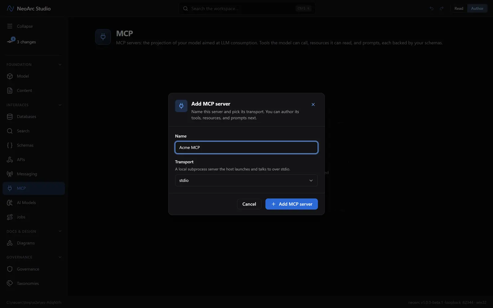 The add-MCP-server dialog with a name and transport