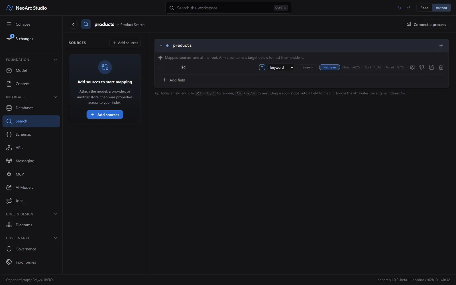 The empty products index with its default id field