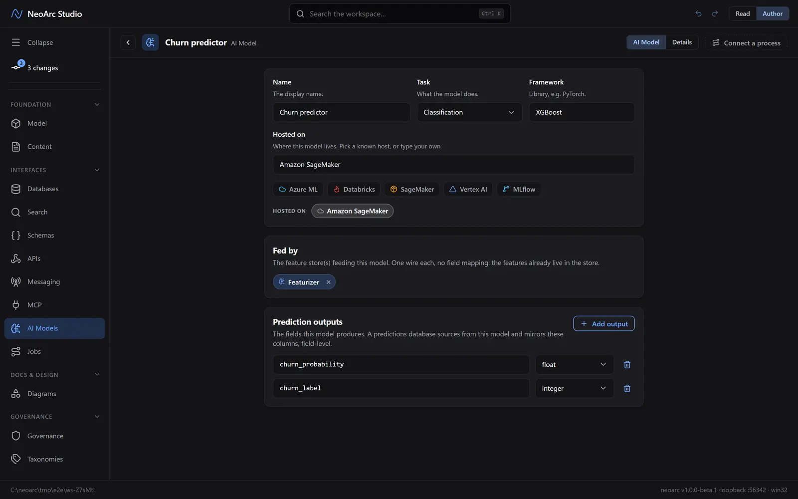 The model screen: hosted on Amazon SageMaker, fed by Featurizer, producing two prediction outputs