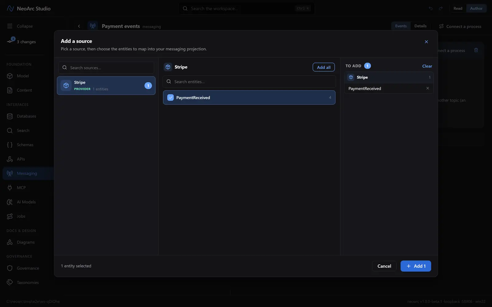 The source picker with the Stripe provider and its PaymentReceived event queued
