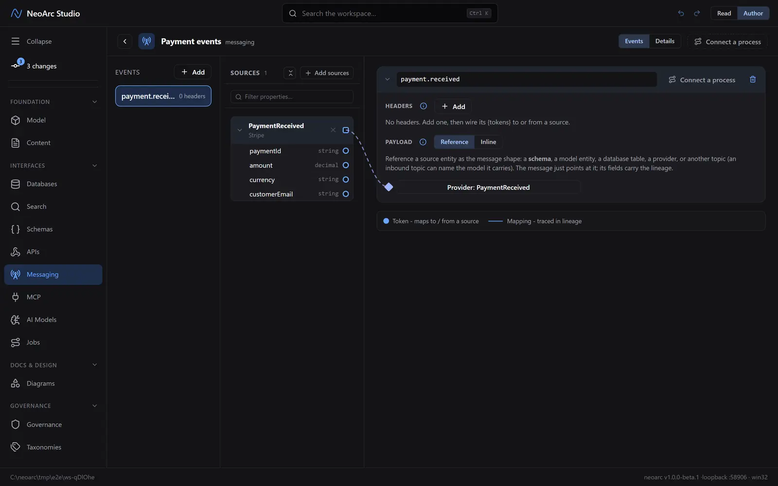 The payload referencing Provider: PaymentReceived, wired to the source