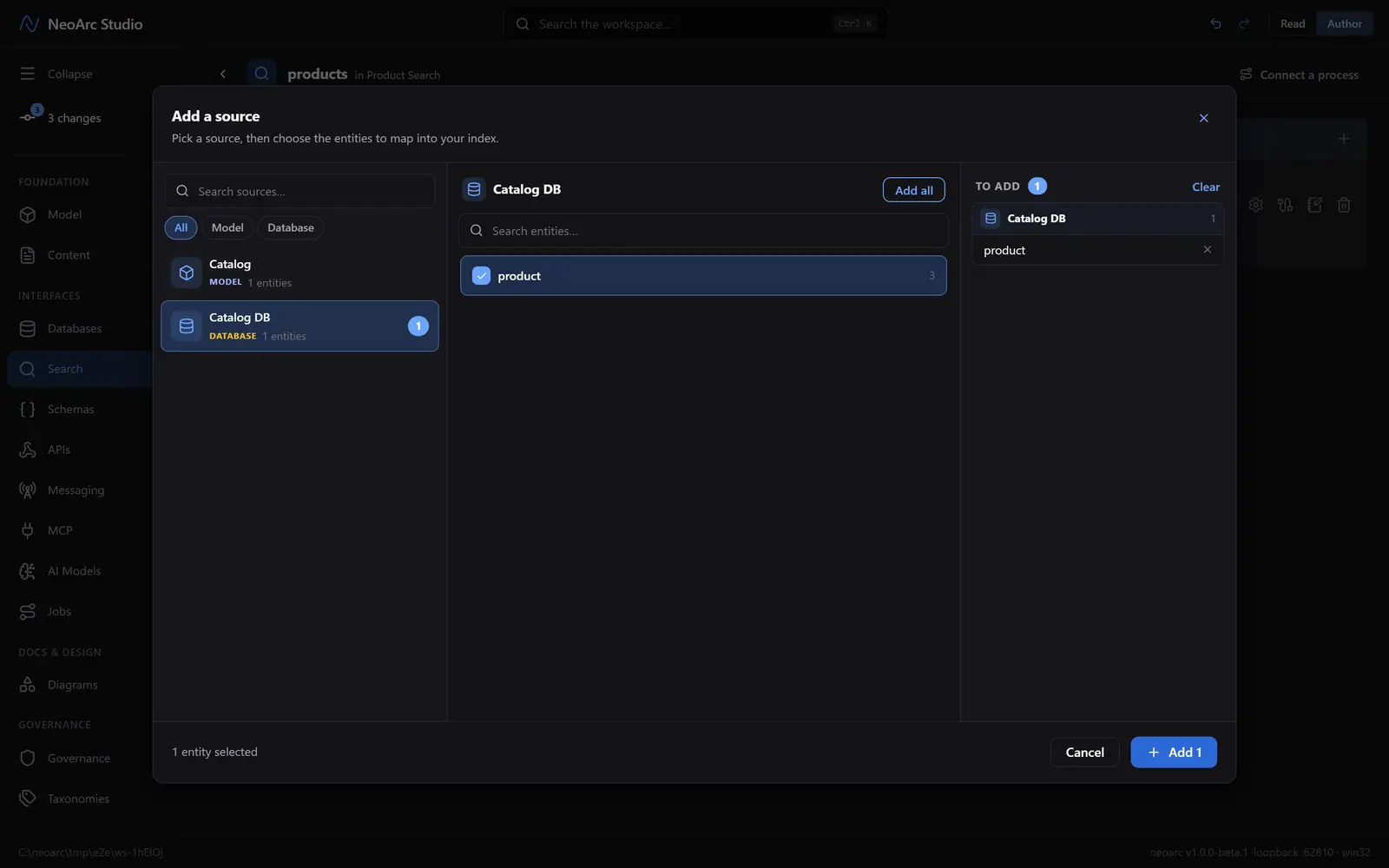 The source picker offering the model and the database, with the product table queued