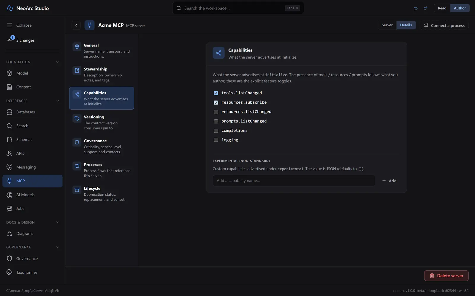 The capabilities panel with two features enabled