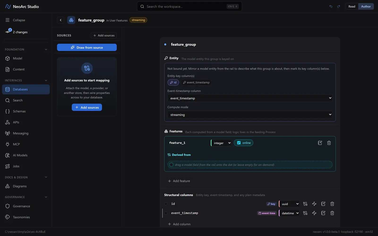 The feature group: its entity key, event timestamp, compute mode, and a feature