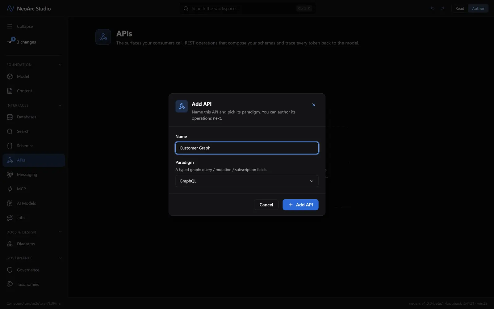 The add-API dialog