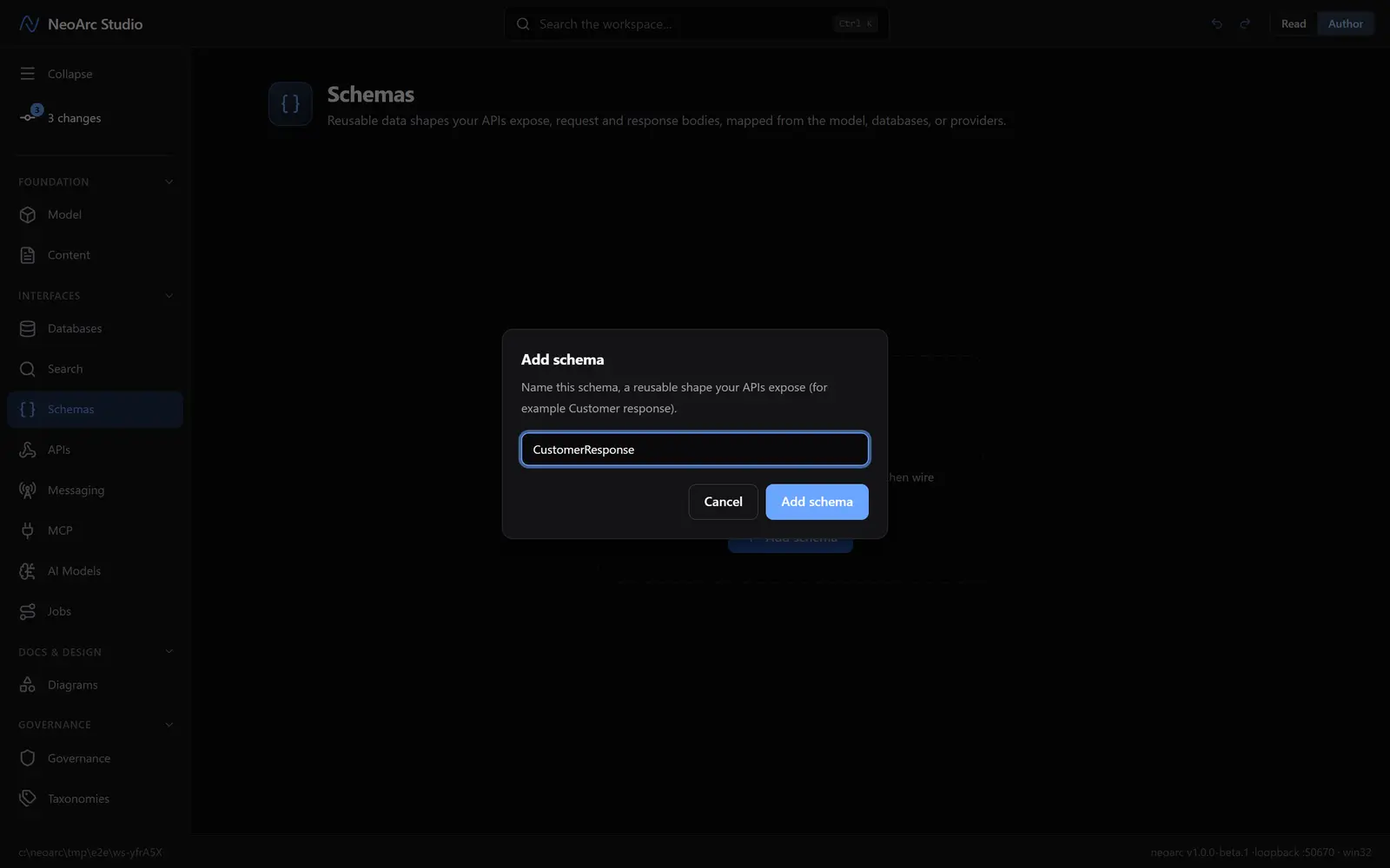 The add-schema dialog