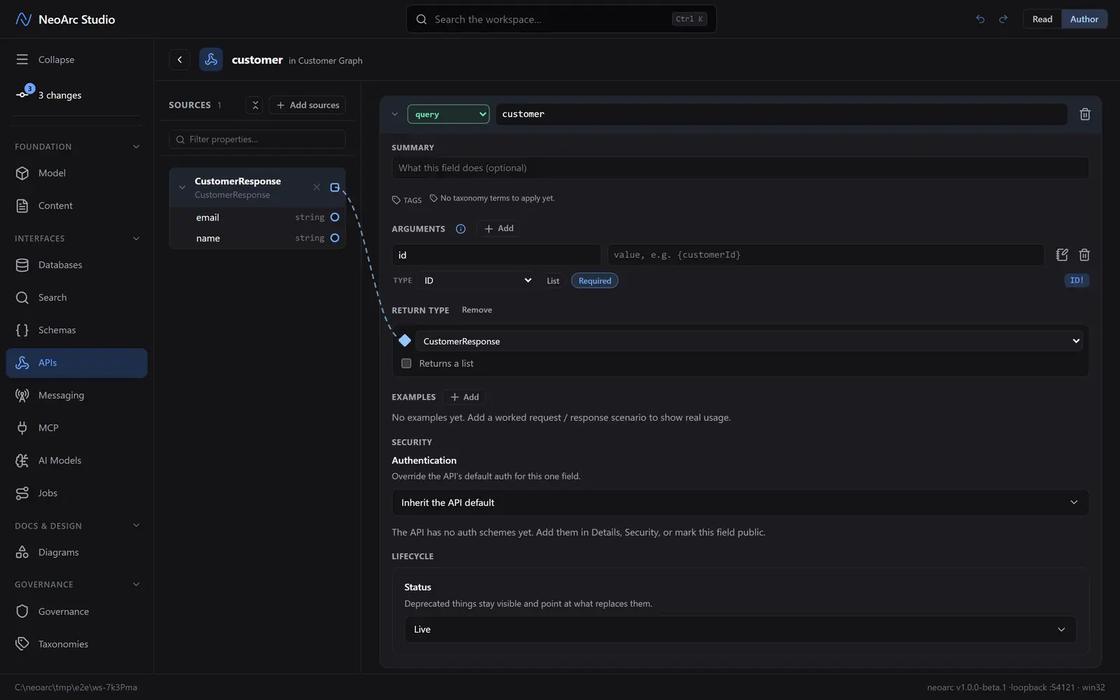 The customer query with an id argument and a CustomerResponse return type
