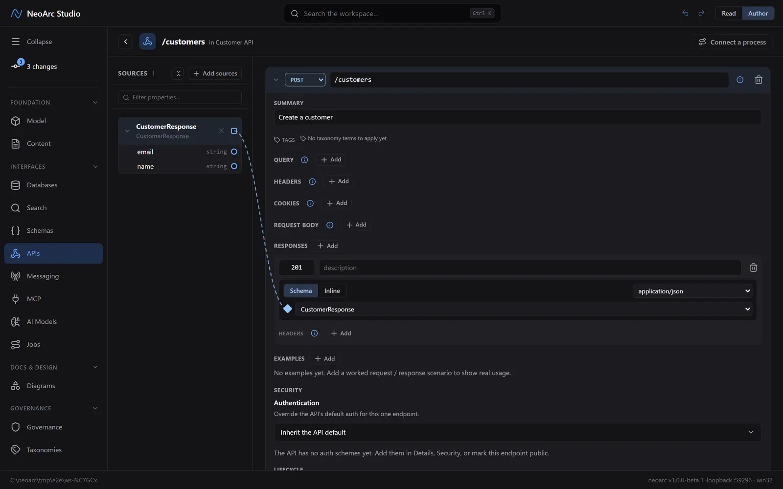 The 201 response set to the CustomerResponse schema