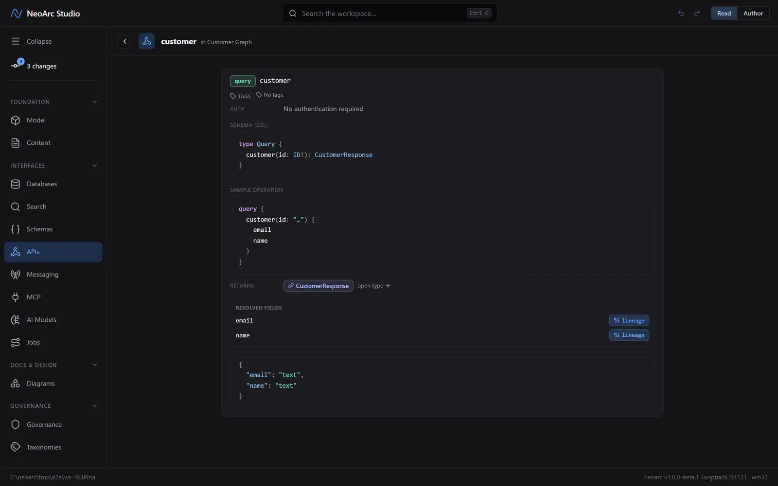 The GraphQL field rendered as SDL, with a sample operation and resolved fields
