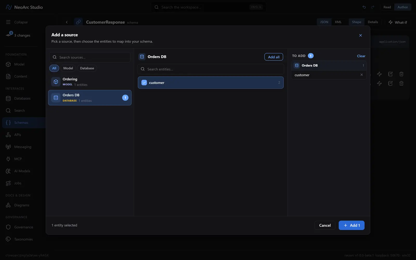 The source picker with the customer table queued to add